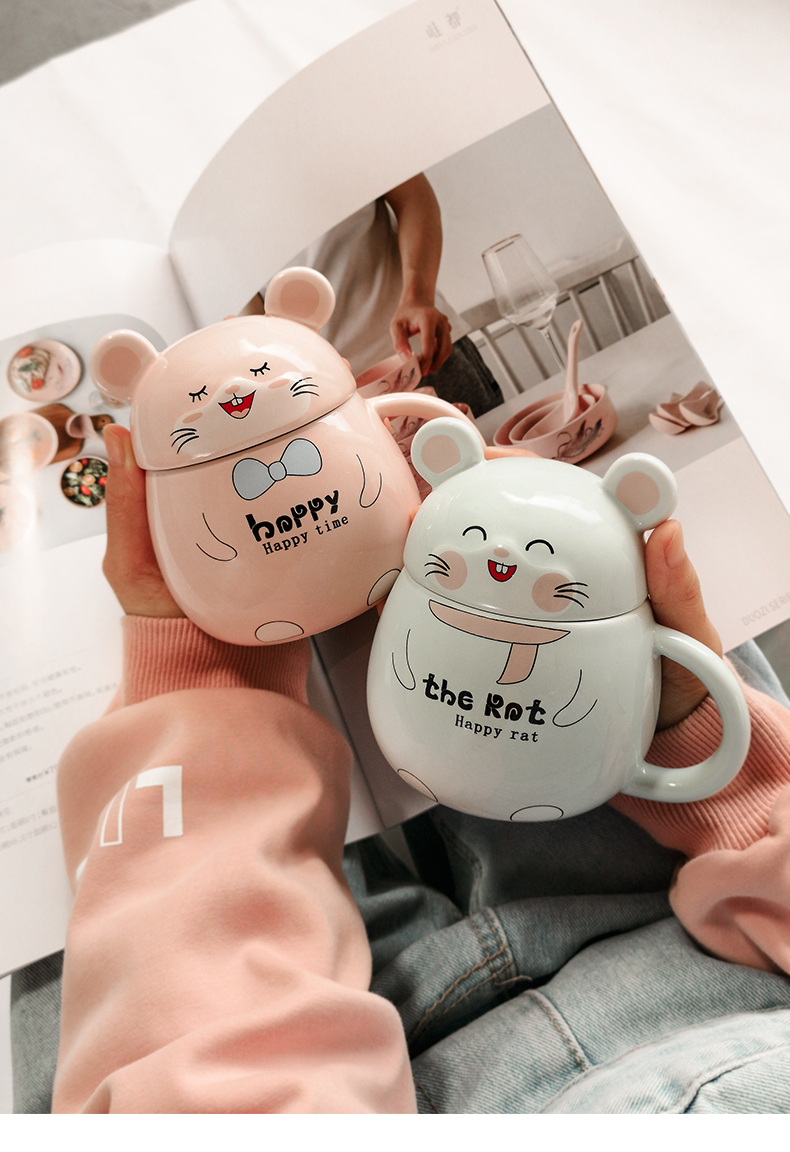 Young girl heart mouse cup household contracted a pair of express picking cup creative ceramic keller with spoon
