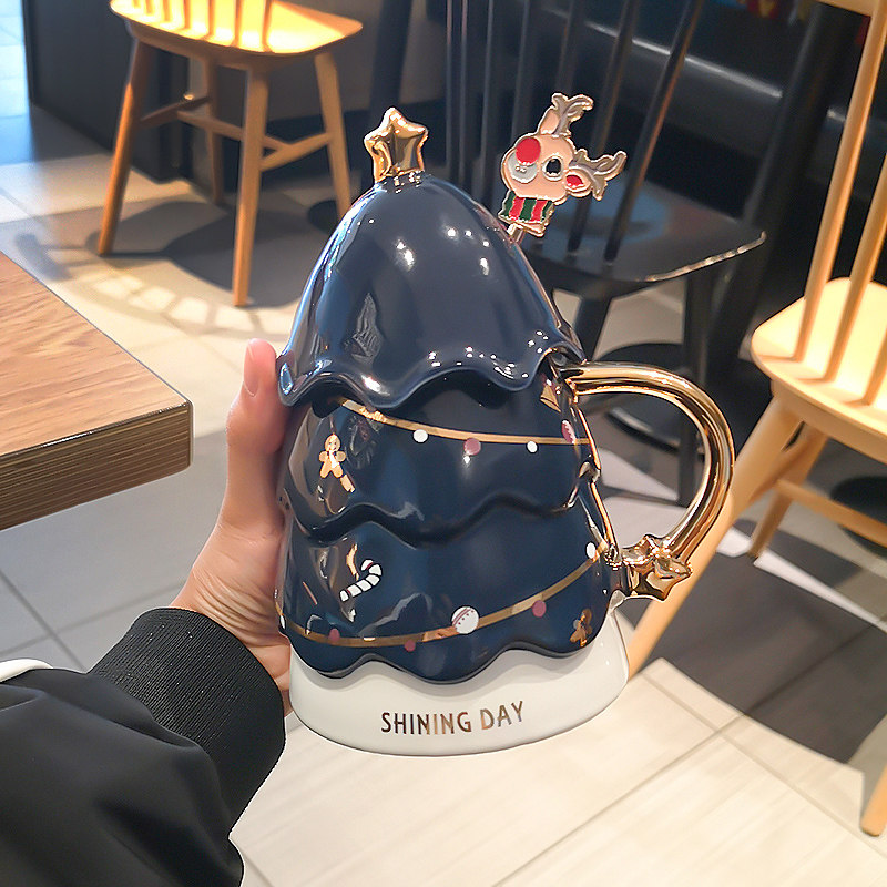 Christmas Tree Creative Water Glass Ceramic Mark Cup Men's Coffee High Face Value Cute Couple Cups Office Ladies