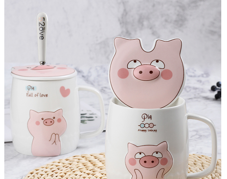 Couples cup high - capacity creative ceramic pig girl, lovely cup keller spoon home coffee cup with cover