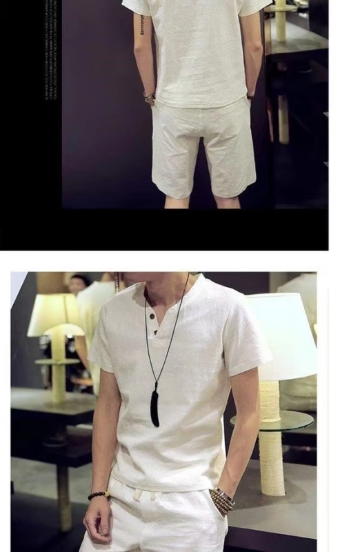 Áo thun ngắn tay bằng vải thun nam phù hợp với mùa hè nam cộng với phân bón XL cotton giản dị quần short người béo quần đi biển 5xl