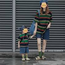 Different kind of pro-submount summer clothing mother-son clothing online red striped T-shirt denim 50% shorts suit children two pieces
