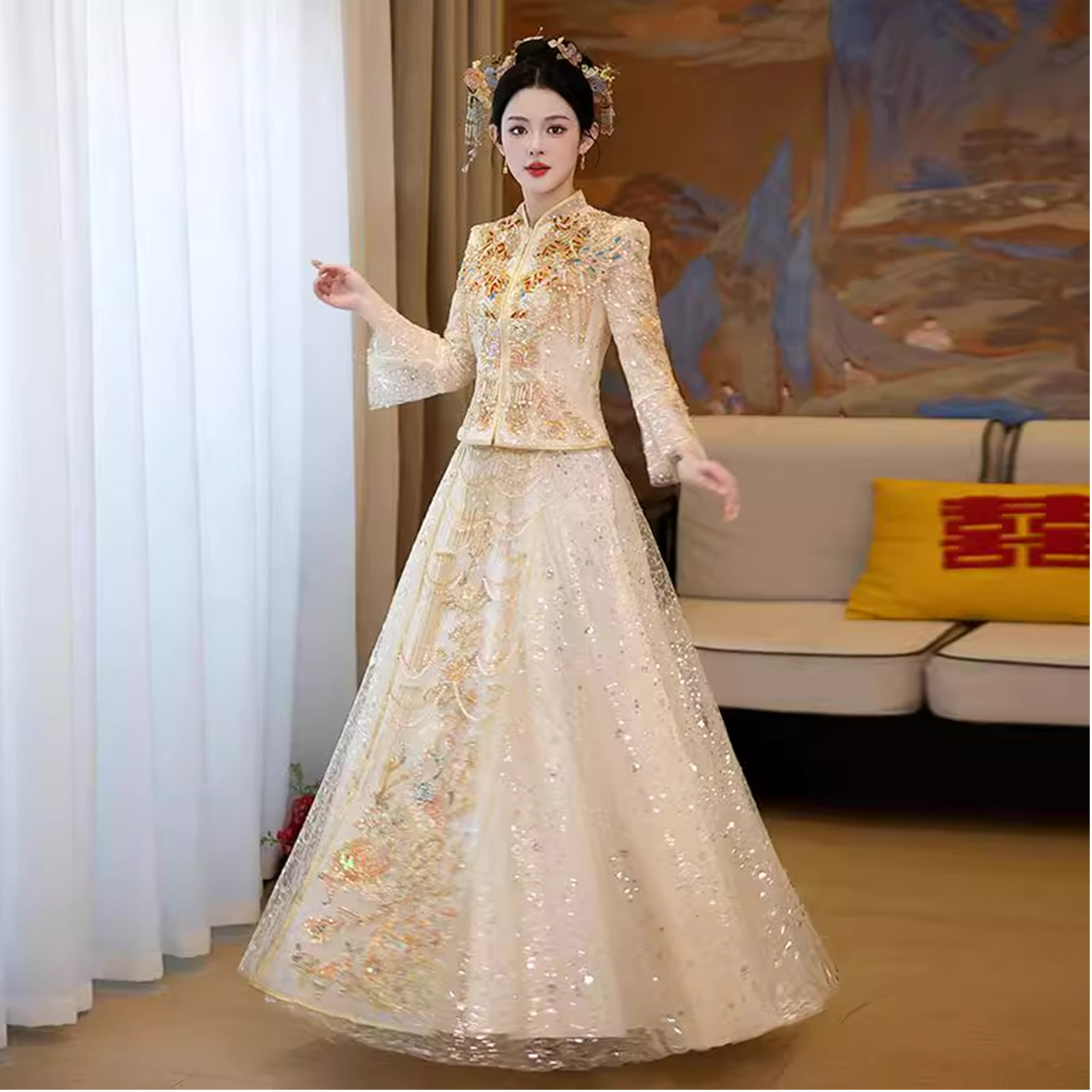 Шампанское Xiuhe clothing свадебное платье 2026 новая невеста китайское свадебное платье тяжелая промышленность из шкафа свадебное платье с высоким чувством зимы