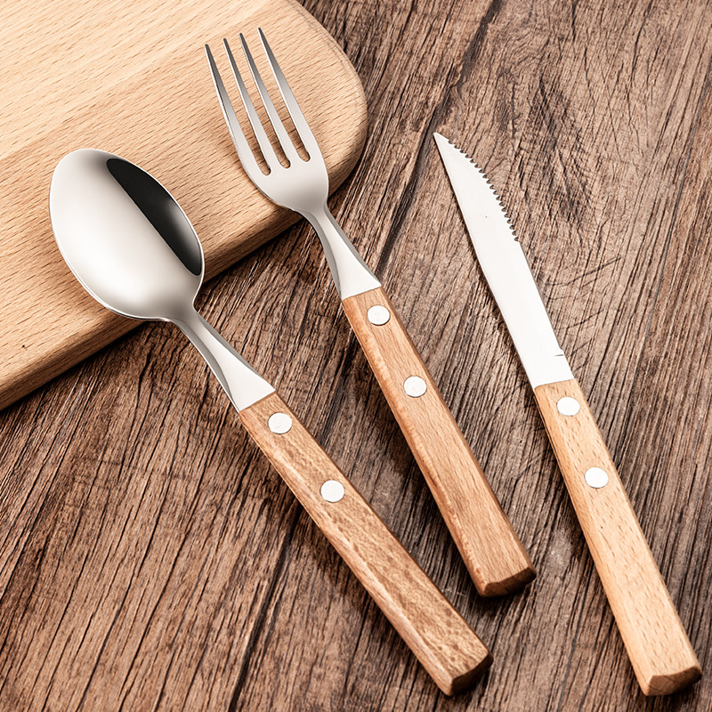 Wooden handle stainless steel Western tableware ceramic steak plate set Western cutlery two-piece steak knife and fork spoon