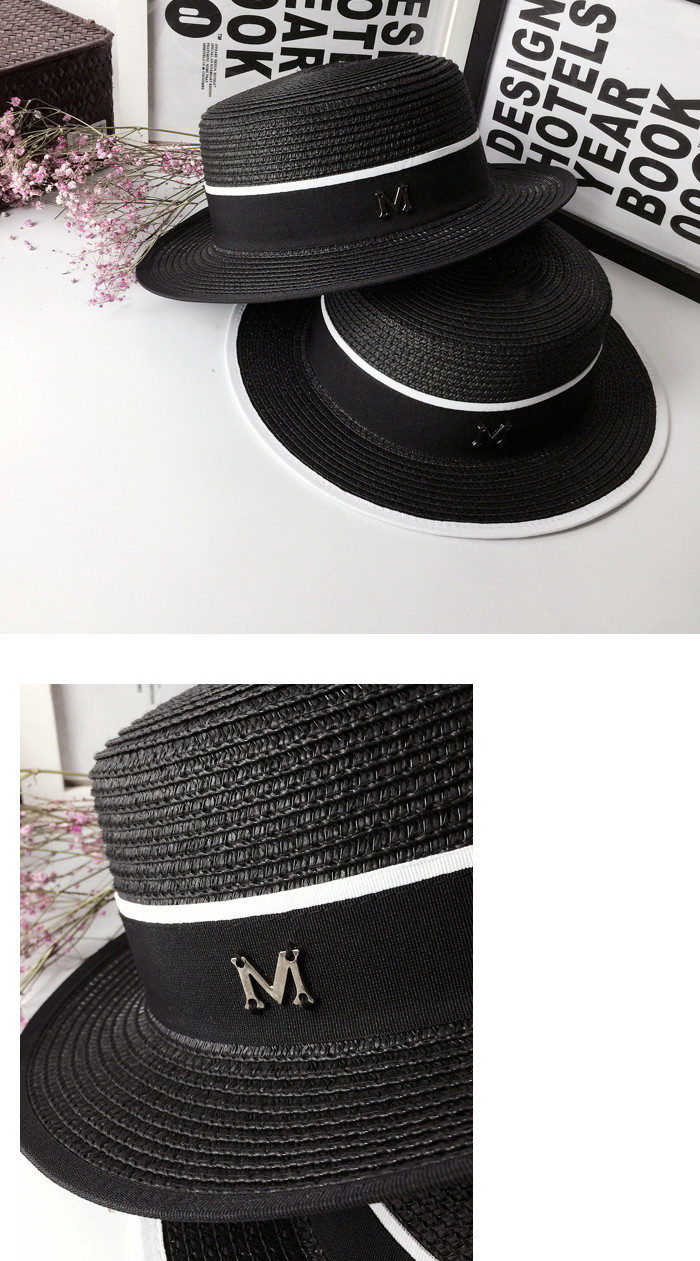 Fashionable M-label sun hats, straw hats, sun-protective hats, women's summer outings, sun hats, black British flat-topped top hats, a trend detail image 3