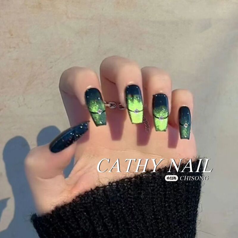 Flashing Nightclub Fluorescent Green Gemstone Cat's Eye Gradient French Style Hot Girl Nail Stickers Fake Nails Wearable Nails