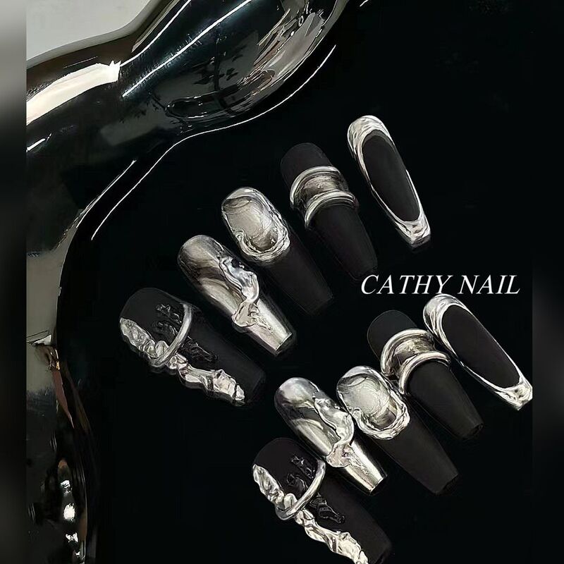 Parisian Fashion High-End Wearable Nails, Silver Three-Dimensional Design, High-End Matte Texture, Punk Handmade Nail Pieces Parisian Fashion High-End Wearable Nails, Silver Three-Dimensional Design, High-End Matte Texture, Punk Handmade Nail Pieces