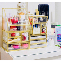 Gold copper edge large transparent glass cosmetics storage box Desktop makeup box Dresser Lipstick rack finishing box