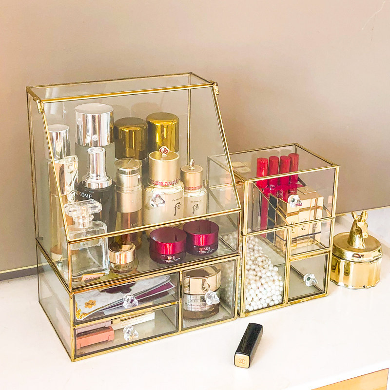 Net Red Cosmetics Containing box Glass Desktop Makeup Desk Home Dust-proof Red Brush Skin-care Products Shelf