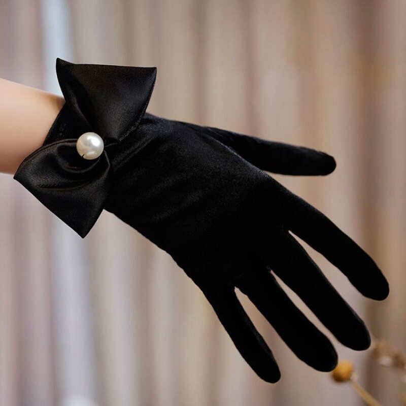 French Hepburn style bow-tie black vintage velvet gloves short style women's wedding dress cheongsam accessories winter