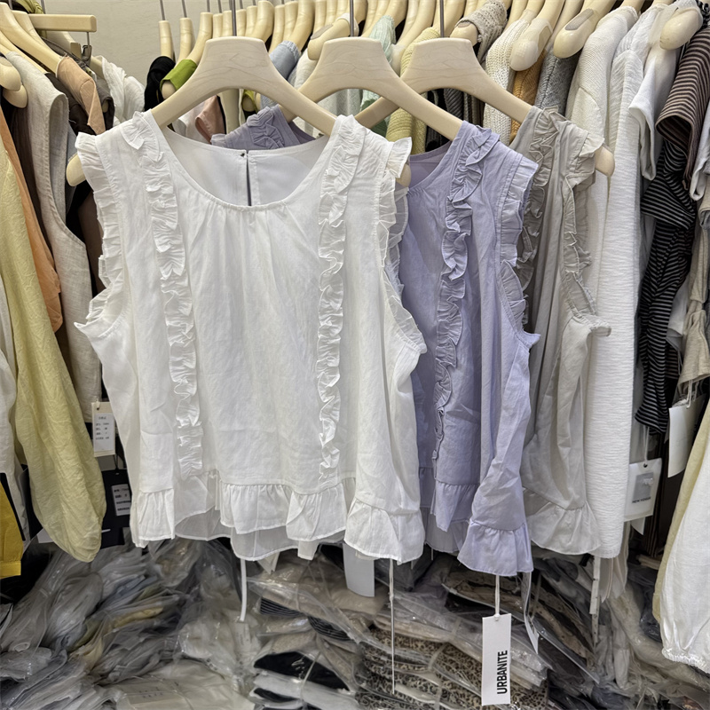 Rn51612 Korean Style Ruffled Sleeveless Shirt for Women 2026 Summer Versatile Slimming Ruffle Top
