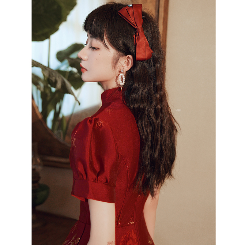 Qipao toast to the bridal senior senses Summer wedding Little Subwine Red Pink Engagement Gown Dress Woman back door Law style