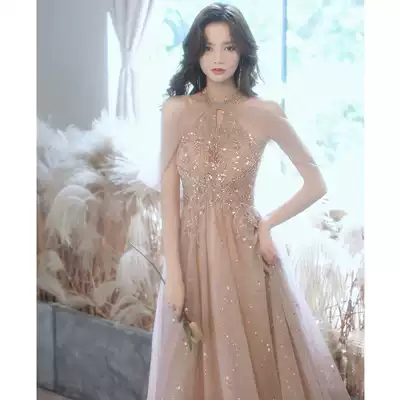 Champagne evening dress skirt 2021 new high-end banquet temperament socialite birthday bridesmaid dress host high-end texture