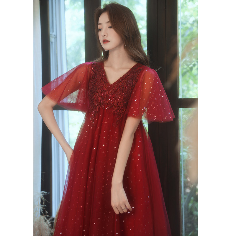 Large size toast dress bride senior sense of wine red wedding dress woman can usually wear pregnant women high waist to cover the belly in summer