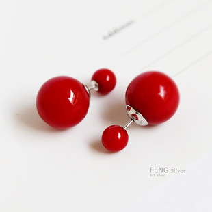Seven-year-old store three colors s925 sterling silver red pearl double-sided earrings Korean style women's ear jewelry