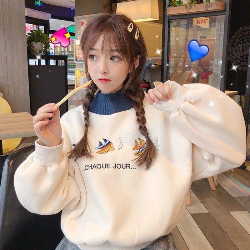 秋冬季加绒加厚卫衣女学生韩版ins半高领潮宽松慵懒风外套上衣服