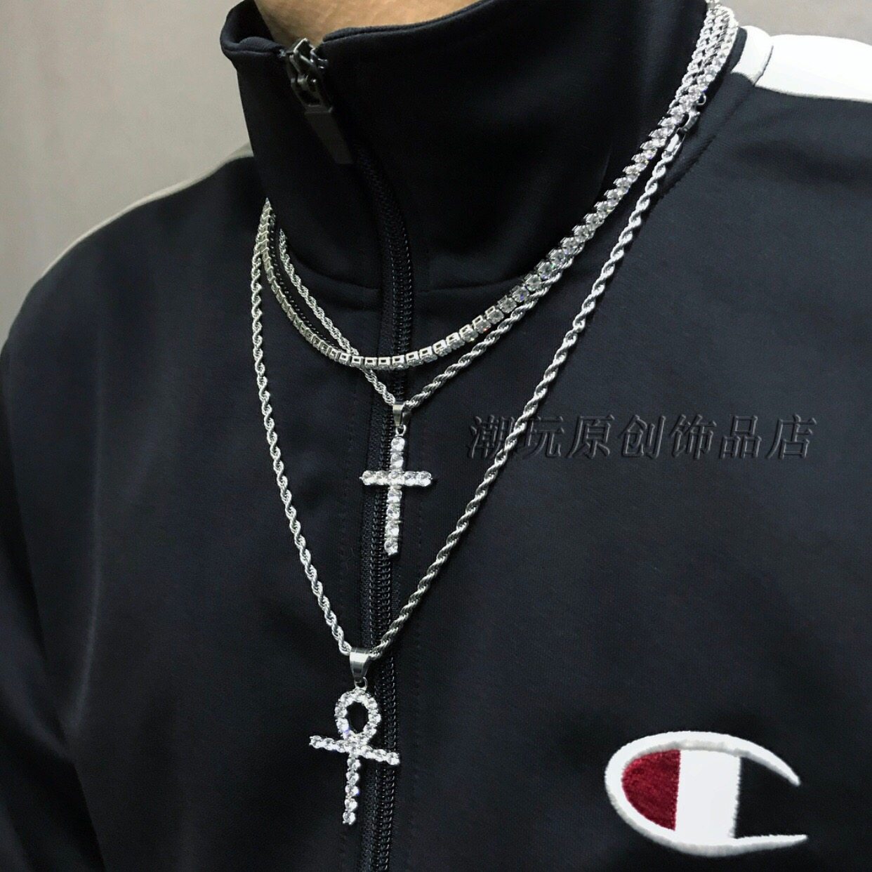 European and American trendy brand hip-hop hiphop rap Wang Jiaer same style full diamond cross layer Haoshi titanium steel necklace