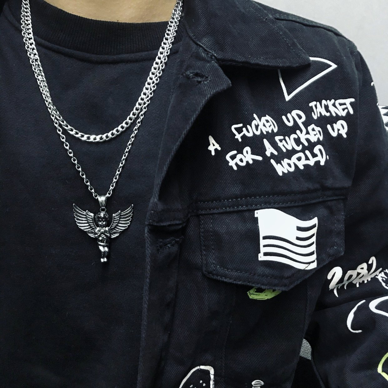 Tide brand retro personality silver angel necklace cupid wings pendant men and women couple sweater chain titanium steel jewelry