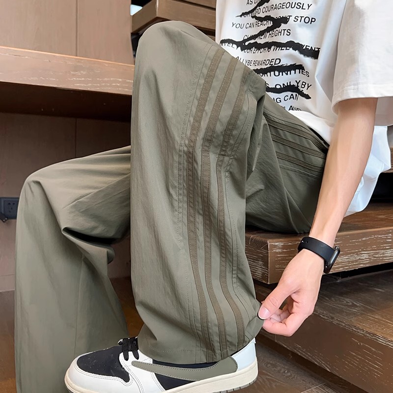 Summer Casual Pants for Men, Loose American High Street Style, Drapey Striped Pants, Quick-Drying, Cool-Feeling, Youth Sports Wide-Leg Pants