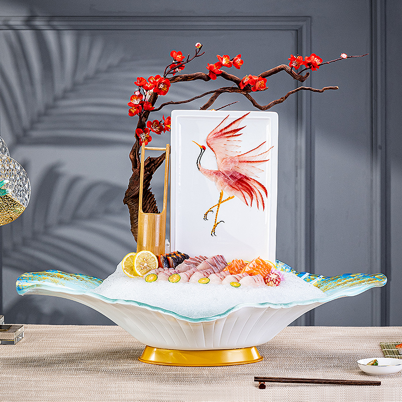 High-end salmon sashimi plate platter dry ice creative tableware seafood plate fish carving plate stingy special plate plate