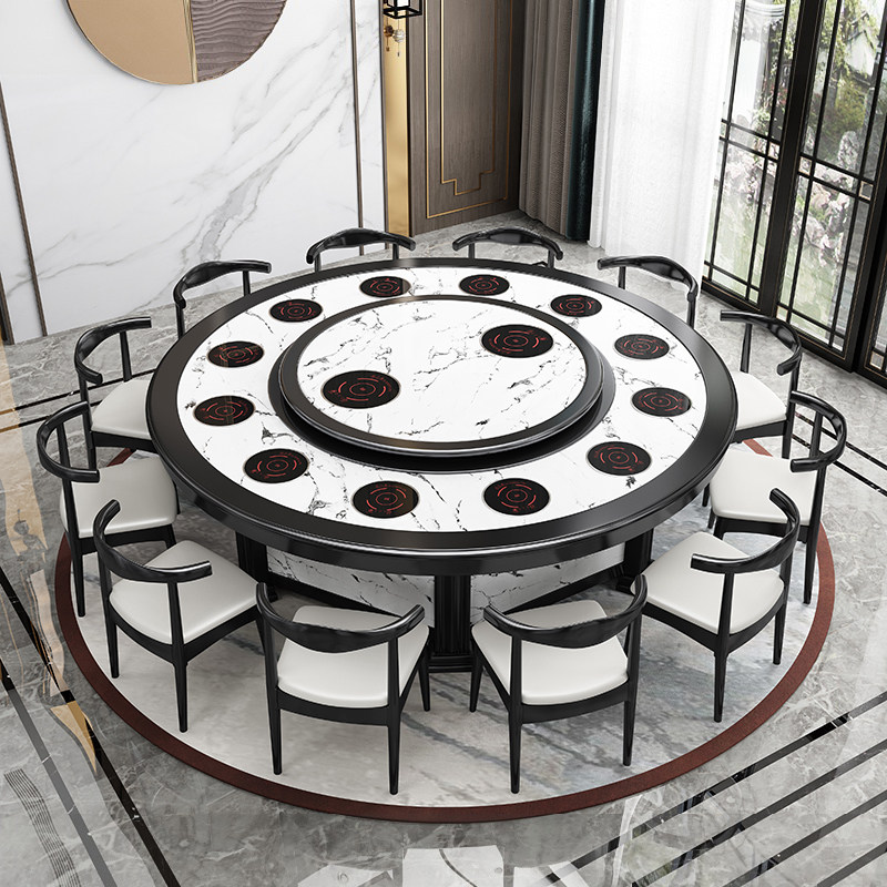 New Chinese Solid Wood Hotel Electric Dining Table And Chairs Combined 20 People Hotel Bag Compartment Marble Rotary Hotpot Big Round Table