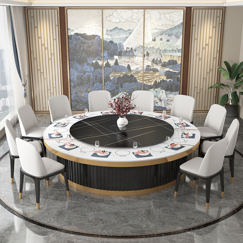 New Chinese hotel solid wood high-end electric dining table and chair combination 15 people 20 people marble slate restaurant large round table