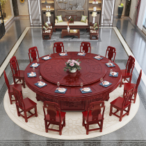 All solid wood dining table and chair combination 18 people dining table hotel electric 20 people Chinese style antique carved round table with turntable