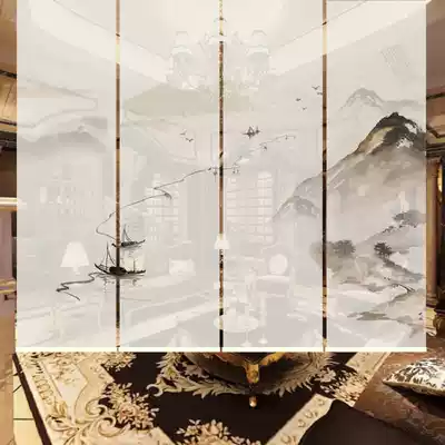 Modern Chinese ink Jiangnan screen partition shading insulation living room balcony retro landscape mood roller curtain
