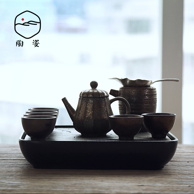 Black pottery contracted Japanese tea set kung fu tea set office of a complete set of household contracted small dry tea tray ceramics