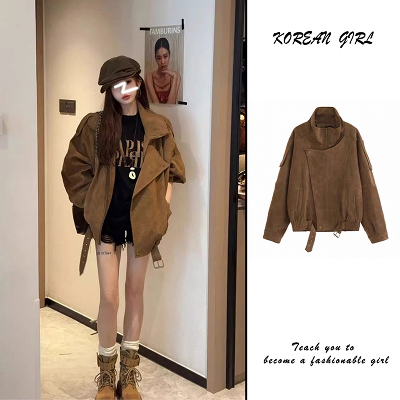 Vintage Coffee-Colored Melard Suede Biker Jacket for Women, New Spring and Autumn Style, Loose-Fitting Workwear Leather Jacket, Trendy Top