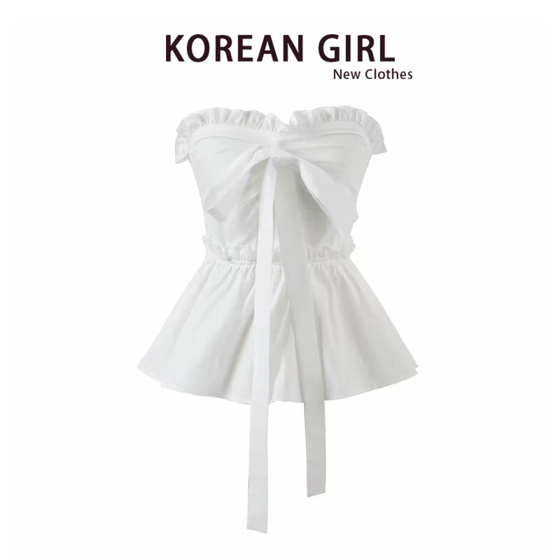 White Bow-Tie Waist-Cinching Lace-Up Bandeau Top for Women, Summer French Ruffled Unique Tank Top Shirt Trendy