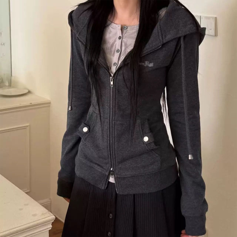 Korean Retro Hooded Sweatshirt Jacket for Women, New Autumn and Winter Style, Vintage Feel, Commuter Waist-Cinching Slim-Fit Cardigan Top