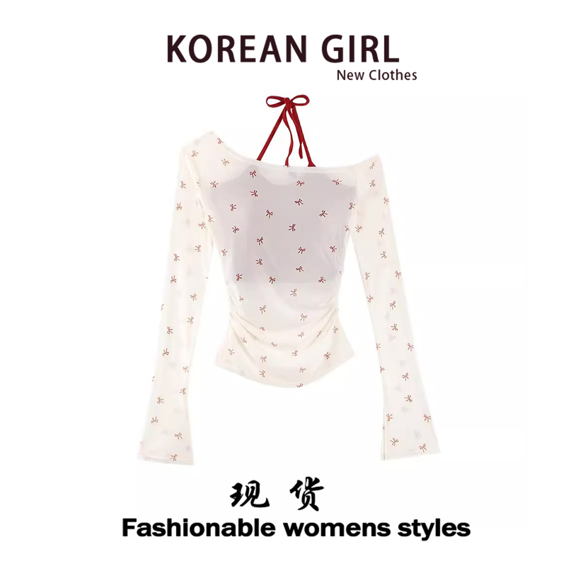 American-Style Spicy Girl Off-Shoulder T-Shirt for Women, New Summer Pure and Sexy Halter Neck Tank Top, Long-Sleeve Cover-Up Two-Piece Set Top