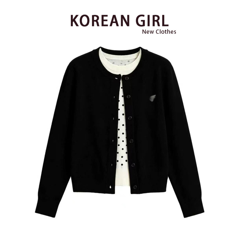 American Retro Black Fake Two-Piece Buttoned Knitted Cardigan for Women, Autumn and Winter Outer Wear Sweater, Slimming Look and Slim Fit Jacket Top