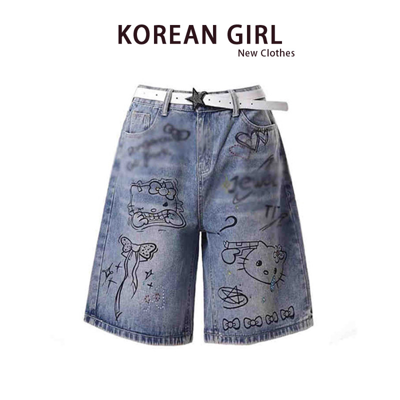 Y2K Hot Girl Rhinestone Graffiti Denim Shorts for Women, Summer Design, Retro High-Waisted, Loose Wide-Leg Straight Mid-Length Pants