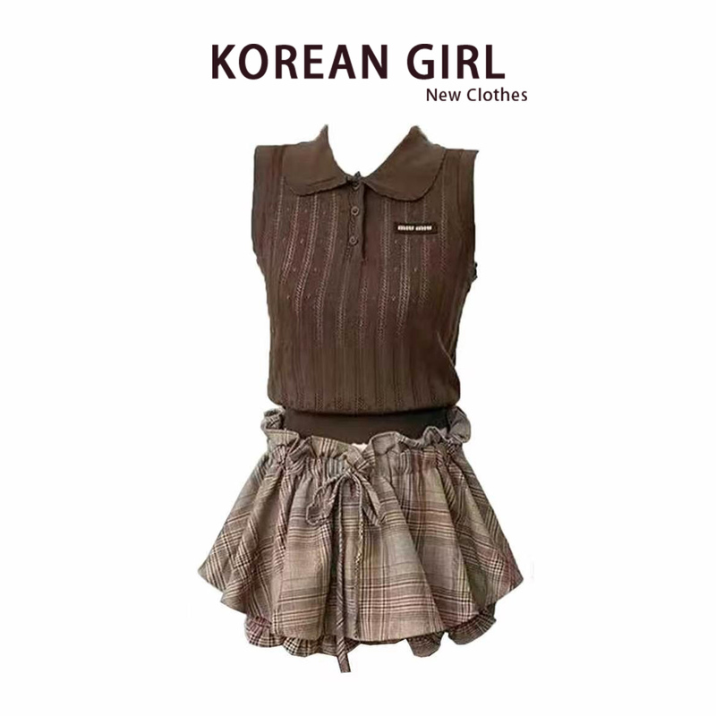 2026 Summer Preppy Style Polo Collar Sleeveless Knitted Vest Retro Plaid Puff Skirt Shorts Two-Piece Set for Women 2026 Summer Preppy Style Polo Collar Sleeveless Knitted Vest Retro Plaid Puff Skirt Shorts Two-Piece Set for Women