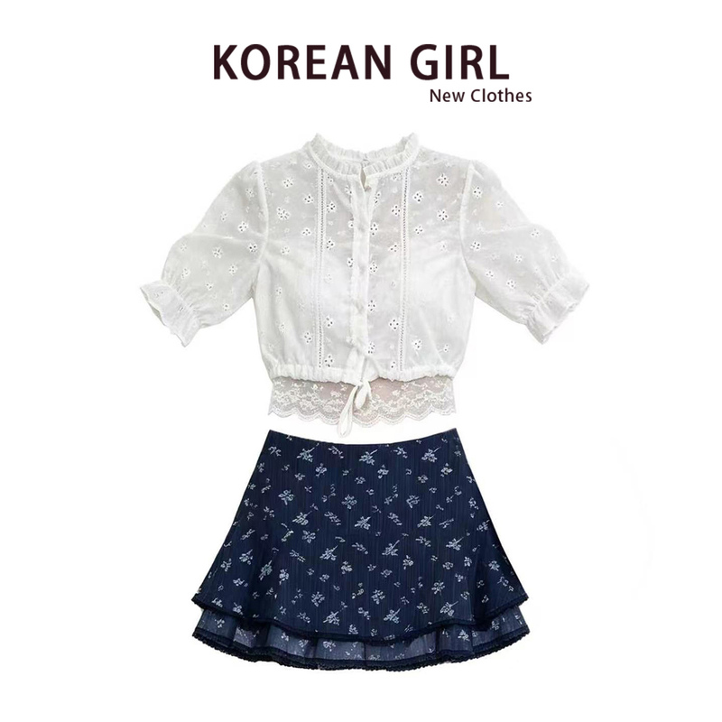 2026 Summer New Korean Style Outfit Lace Patchwork Shirt Mid-Sleeve Hollow Top Floral Skirt Set for Women 2026 Summer New Korean Style Outfit Lace Patchwork Shirt Mid-Sleeve Hollow Top Floral Skirt Set for Women