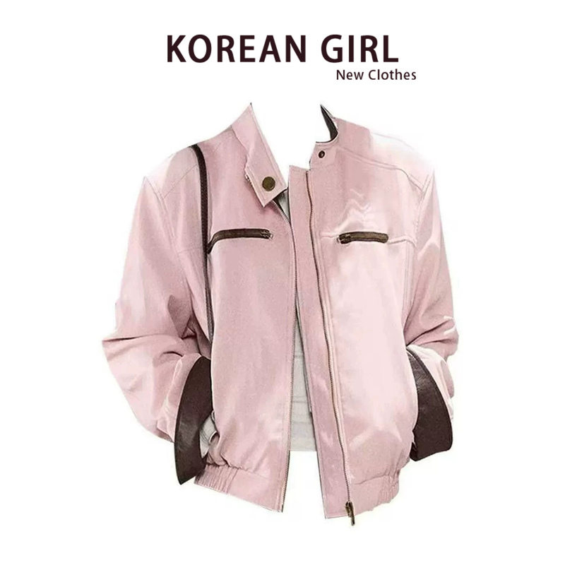 American-Style Sweet and Cool Color-Block Pink Leather Jacket for Women, 2026 Spring and Autumn Design, Niche Fashion Jacket