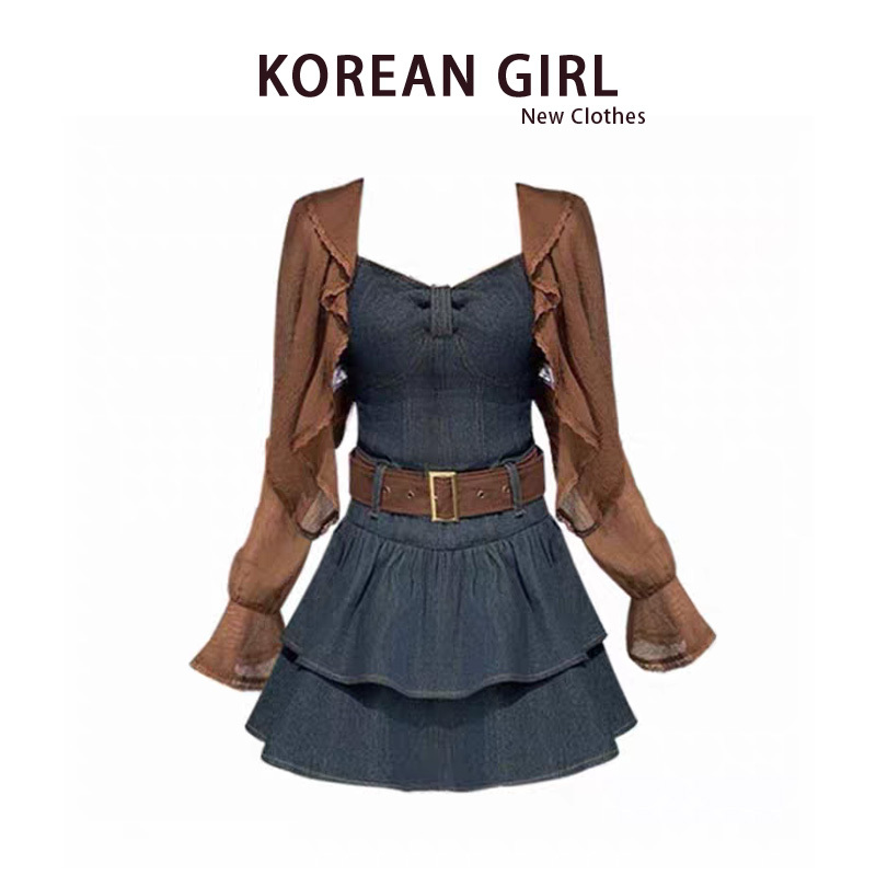 Wasteland Style Denim Suspender Dress for Women, New Autumn Sweet and Spicy Style Short Skirt for Petite Women, Sun Protection Cardigan Set