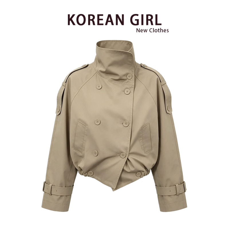 British Style Stand-Up Collar Short Trench Coat for Women, Autumn Silhouette Jacket with a Unique Design, Double-Breasted Loose Casual Outerwear British Style Stand-Up Collar Short Trench Coat for Women, Autumn Silhouette Jacket with a Unique Design, Double-Breasted Loose Casual Outerwear