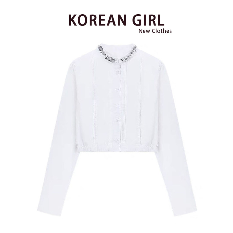 White Sequin Rhinestone Collar Short Long-Sleeved Shirt for Women 2025 Early Spring New Unique and Chic Crop Top Blouse