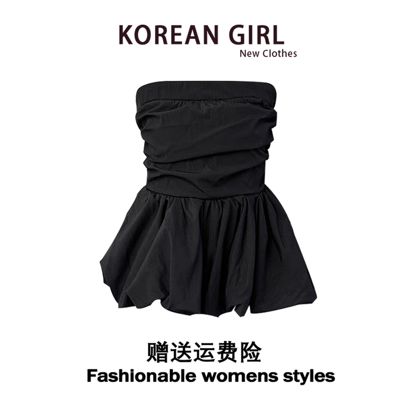 Sweet and Sexy Black Pleated Flower Bud Tube Top for Women, Summer Design with Spliced Skirt Hem, Waist-Cinching Sleeveless Vest