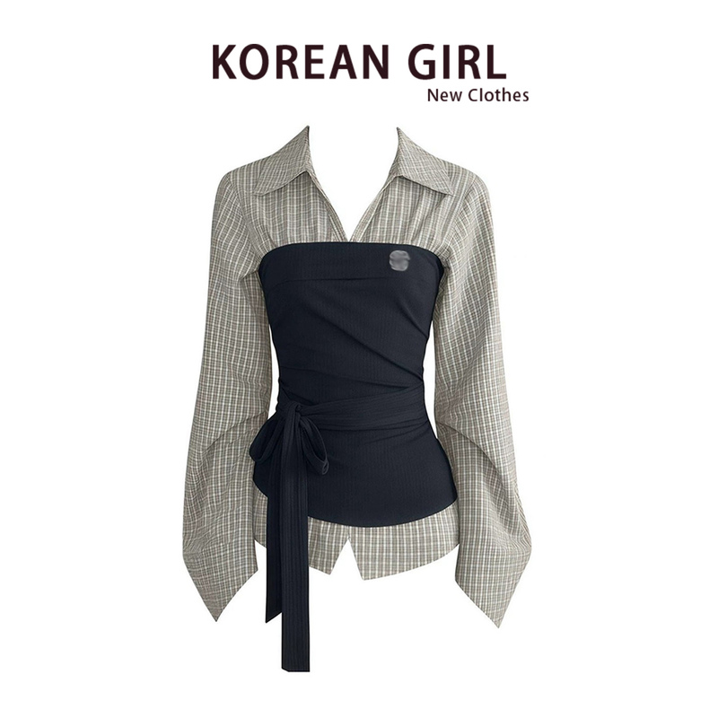 Korean Style Patchwork Fake Two-Piece Shirt for Women 2026 Autumn Niche Design Tie-Up Plaid Shirt Waist-Cinching Long-Sleeve Top Korean Style Patchwork Fake Two-Piece Shirt for Women 2026 Autumn Niche Design Tie-Up Plaid Shirt Waist-Cinching Long-Sleeve Top