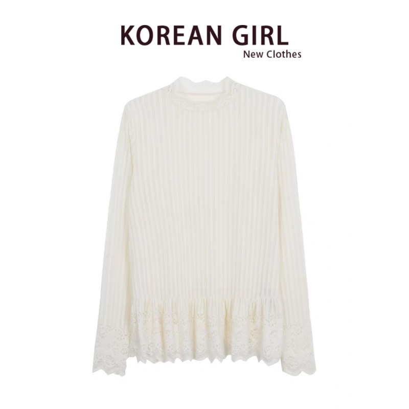 White Lace-Trimmed Long-Sleeve T-Shirt for Women, 2025 New Autumn Base Shirt, Elegant Korean Style, Relaxed and Casual Top White Lace-Trimmed Long-Sleeve T-Shirt for Women, 2025 New Autumn Base Shirt, Elegant Korean Style, Relaxed and Casual Top