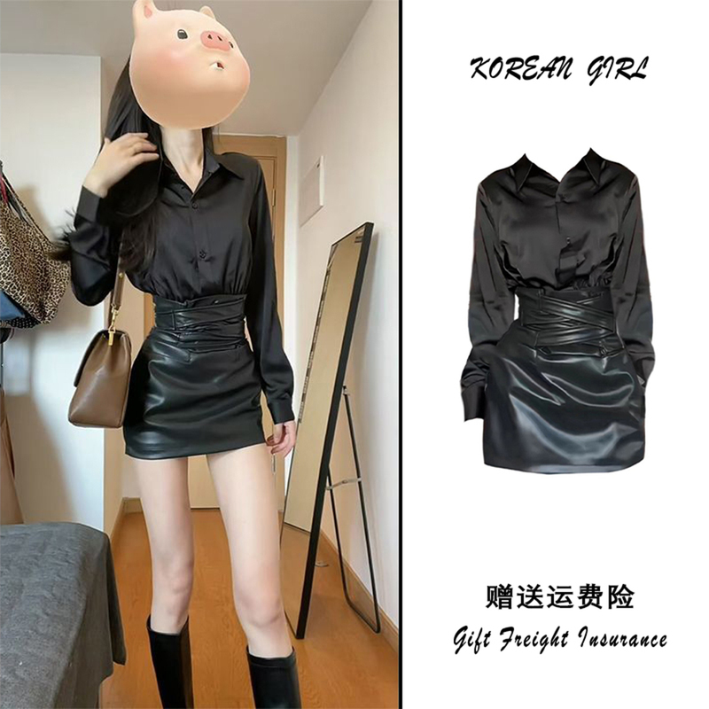 Hot Girl Pure Desire Outfit Set for Women, Spring Vintage High-End Long-Sleeve Shirt with Waist-Cinching and Hip-Hugging Pu Leather Skirt Two-Piece Set