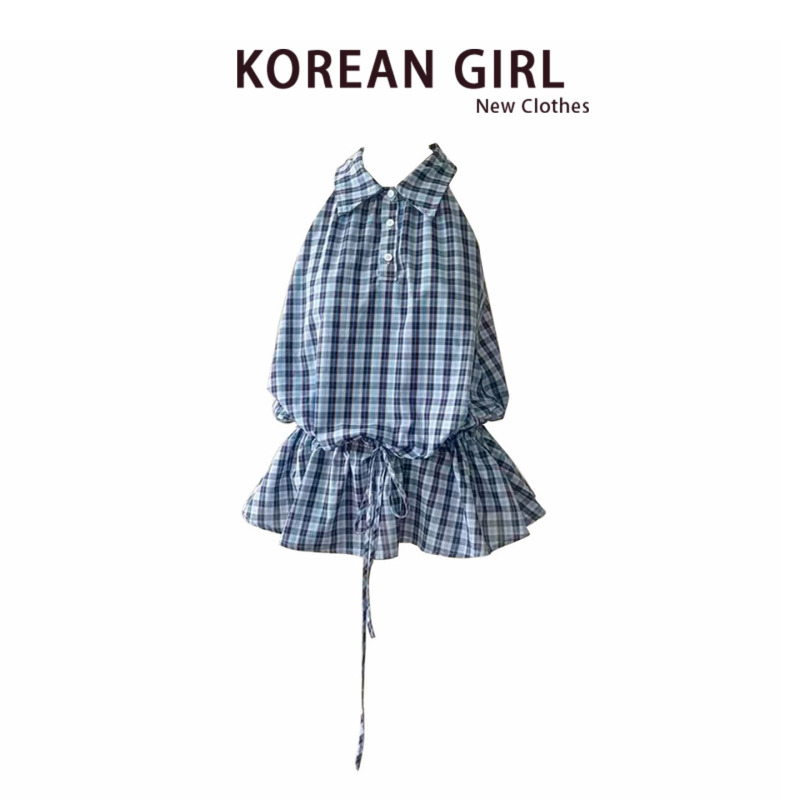 Korean Retro Plaid Halter Neck Sleeveless Shirt for Women, Summer Drawstring Waist Slimming Two-Way Vest Top Short Skirt