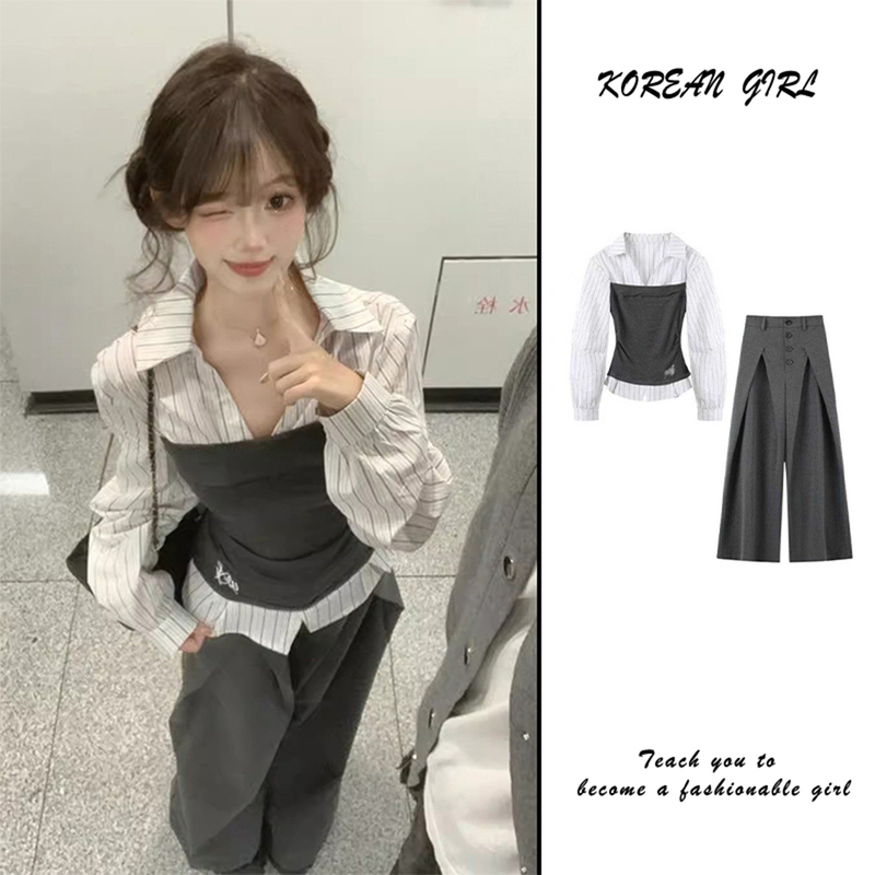 Korean Style Color-Blocked Faux Two-Piece Long-Sleeve Shirt for Women, Spring High-End Waist-Cinching Slimming Top with Wide-Leg Pants Two-Piece Set