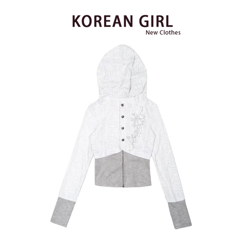 American Retro Patchwork Knitted Hooded Sweatshirt Jacket for Women, Autumn Y2K Y2K Punk Slim-Fit Cardigan Top Trendy