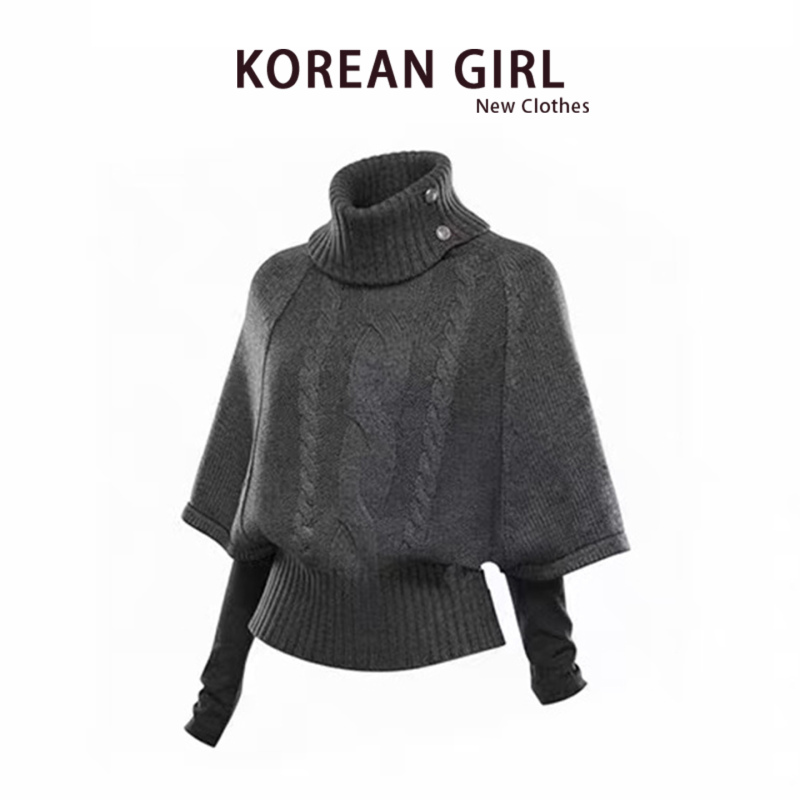 Gray Cable-Knit Turtleneck Sweater for Women, Autumn and Winter Korean Style Short Cape Knit Top with Inner Layering Shirt Set Gray Cable-Knit Turtleneck Sweater for Women, Autumn and Winter Korean Style Short Cape Knit Top with Inner Layering Shirt Set