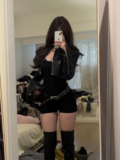 辣妹黑色短款PU皮衣外套女2025秋季纯欲高级感修身机车皮夹克上衣