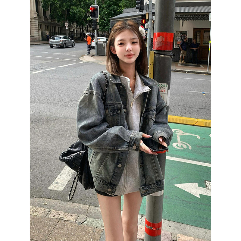American Retro Washed Denim Jacket for Women, Autumn, Petite, Lazy Style, Commuting Outfit, Loose Top, Trendy American Retro Washed Denim Jacket for Women, Autumn, Petite, Lazy Style, Commuting Outfit, Loose Top, Trendy
